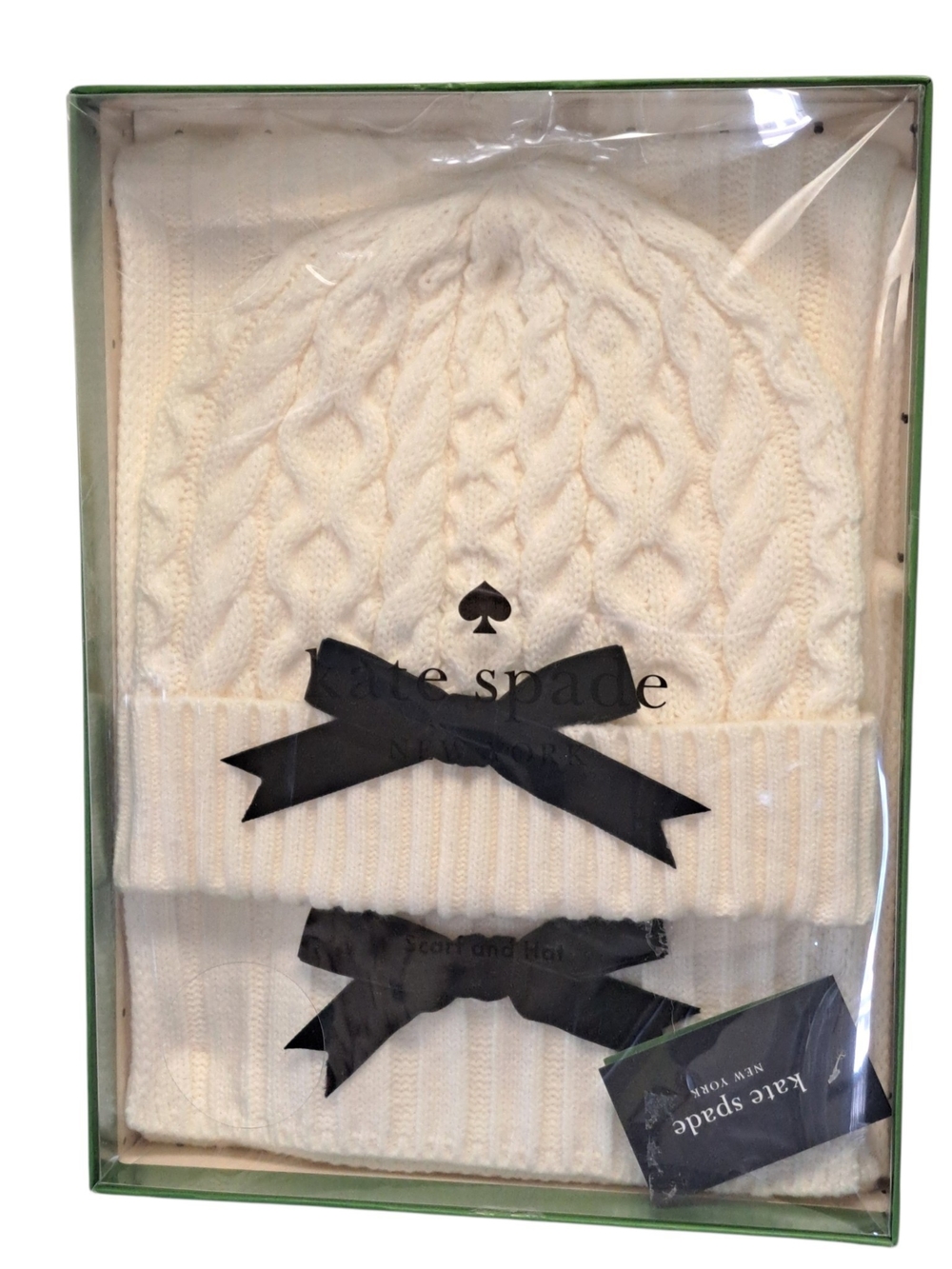 Kate Spade New York Cream Velvet Bow Scarf & Cable Knit Hat Gift Set NIB